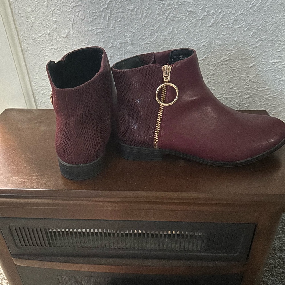 Burgundy Ankle Boots with Gold Zipper